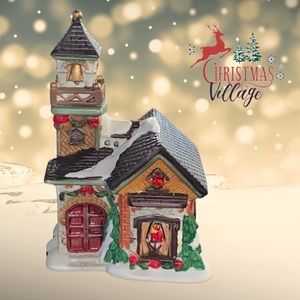 Christmas village church ceramic miniature with hole for light